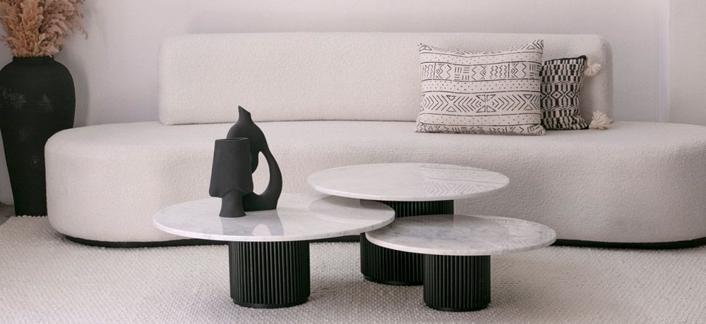 Trio Taza noir Tables basses marbre et bois Kasbah Design Marrakech