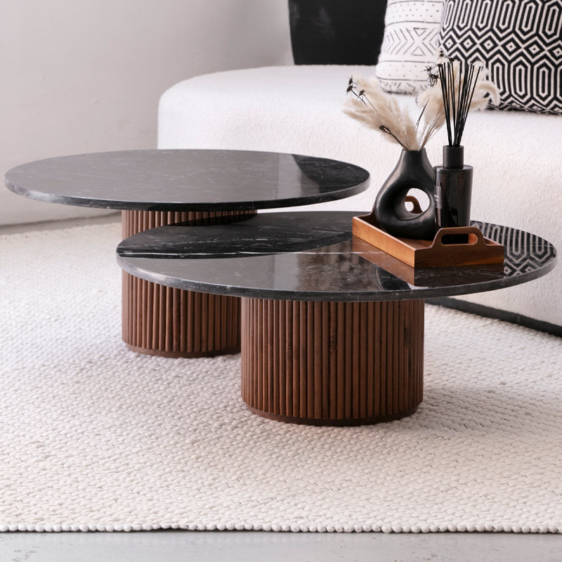 Duo de tables basses CASA naturel en marbre et bois Kasbah Design Marrakech