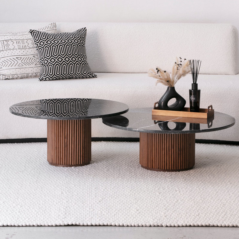 Duo de tables basses CASA naturel en marbre et bois Kasbah Design Marrakech