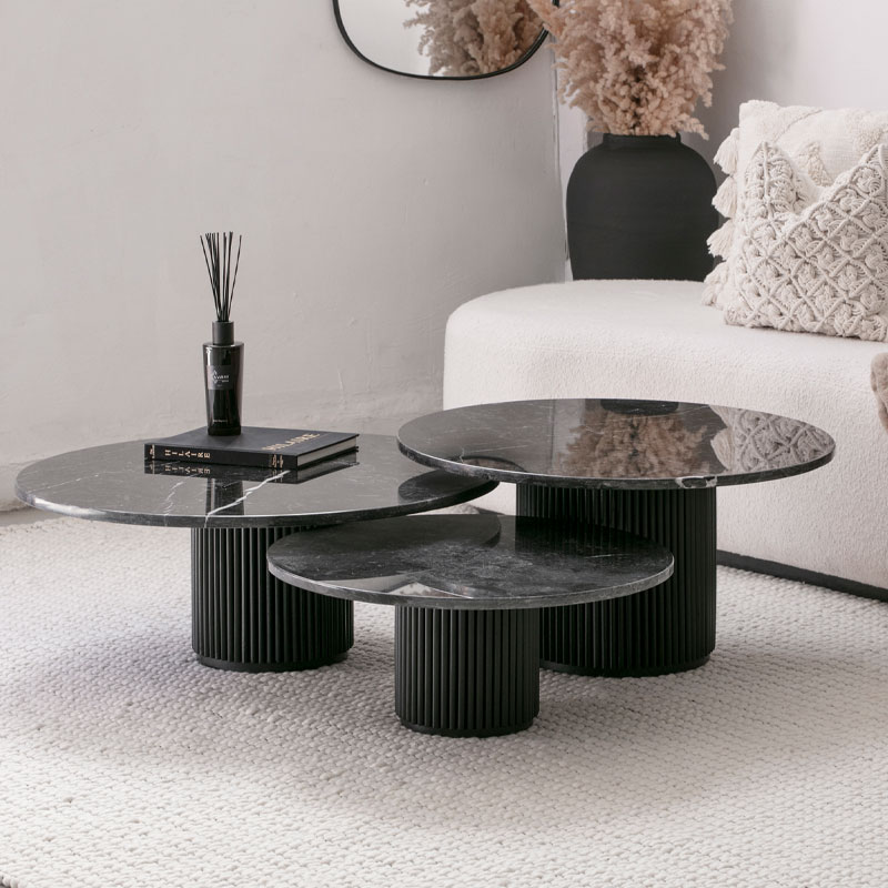 Trio Casa Noir, tables basses en marbre et bois - Kasbah Design Marrakech