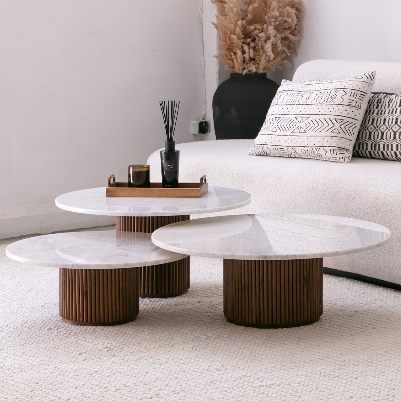 Trio Taza naturel - Tables basses marbre et bois - Kasbah Design Marrakech