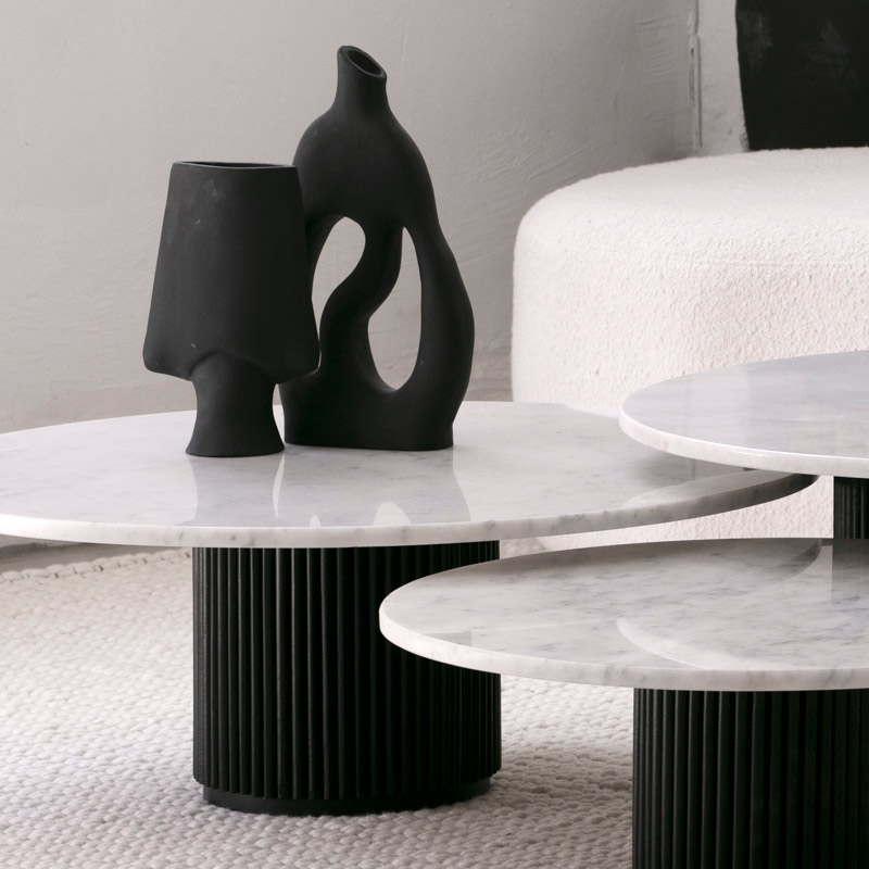 Trio Taza noir - Tables basses marbre et bois - Kasbah Design Marrakech