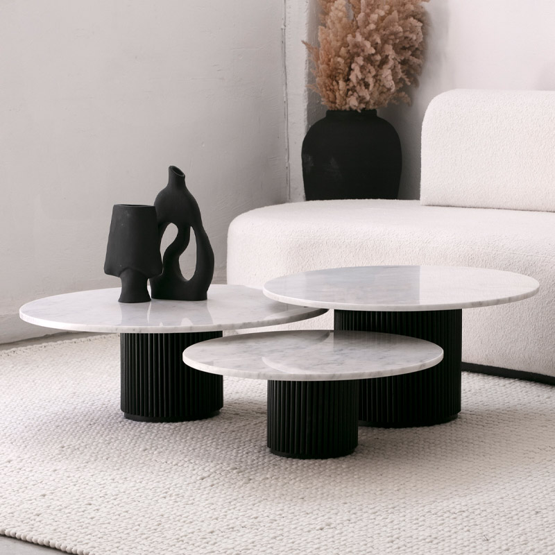 Trio Taza noir - Tables basses marbre et bois - Kasbah Design Marrakech