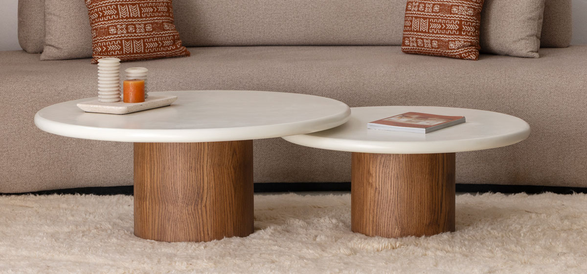 Duo Moka Tables basses en béton ciré et bois Kasbah Design Marrakech