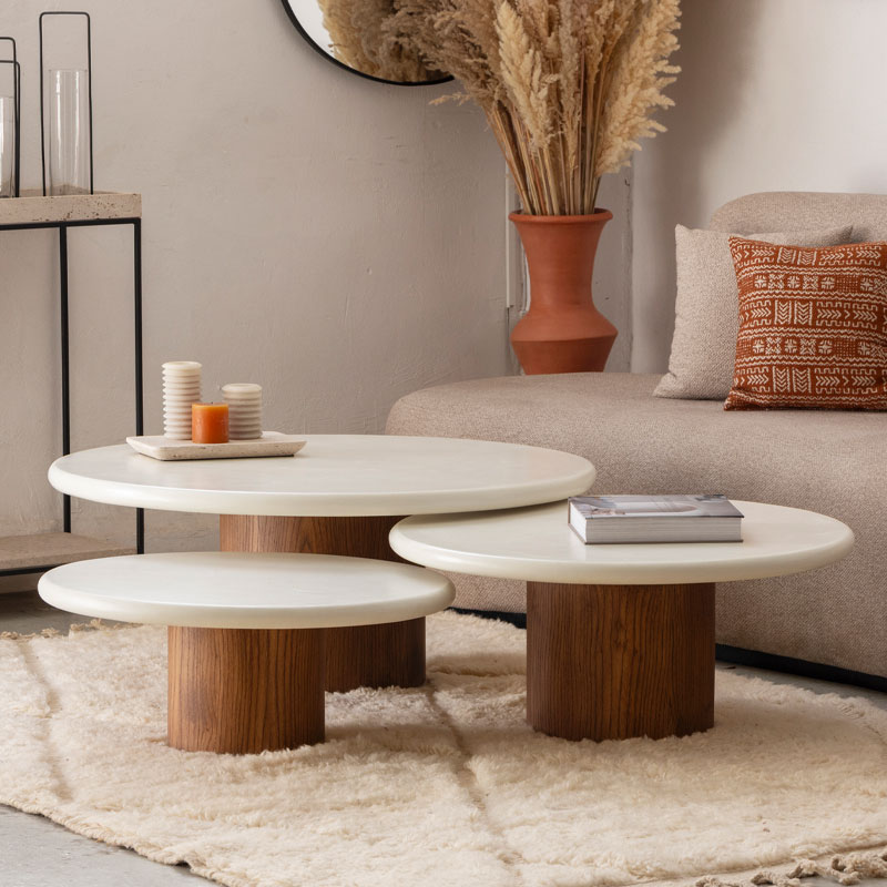 Trio Moka - Tables basses béton ciré et bois - Kasbah Design Marrakech