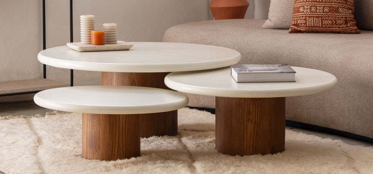 Trio Moka Tables basses en béton ciré et bois Kasbah Design Marrakech