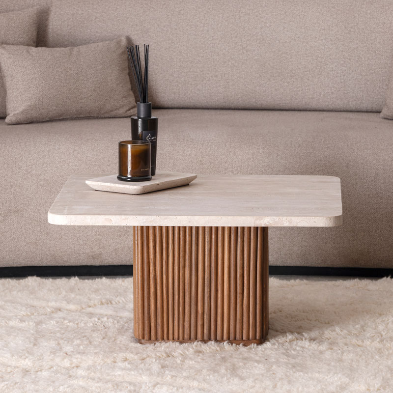 Table Basse Celya Travertin et bois Kasbah Design Marrakech