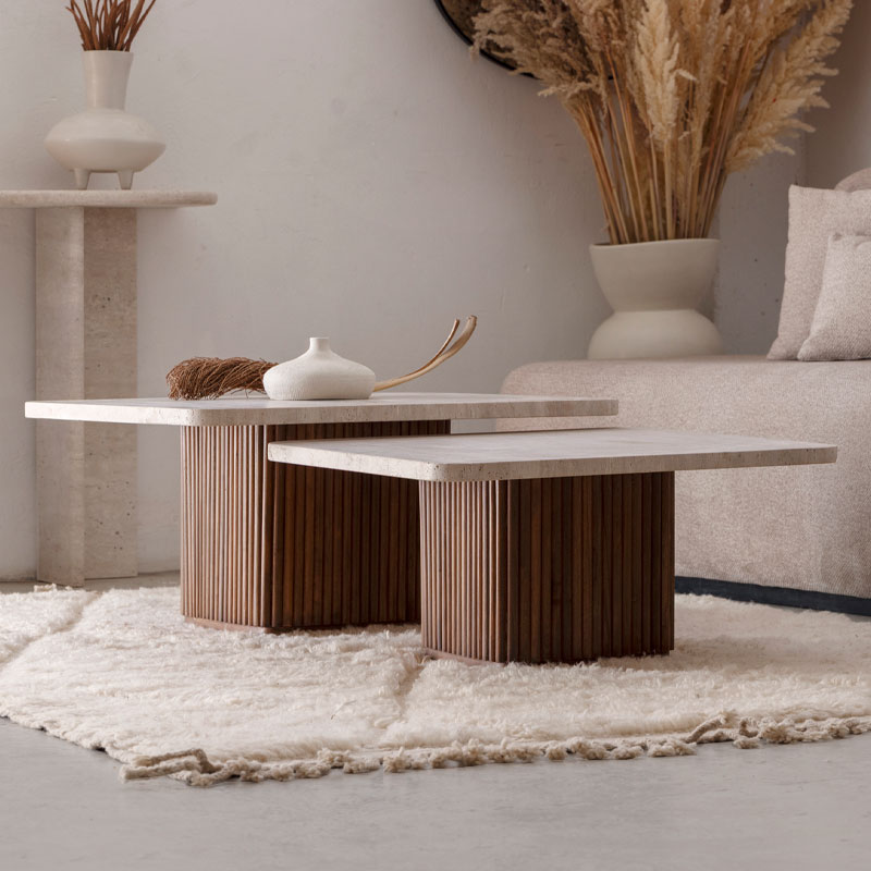 Duo Celya Tables basses Travertin et bois Kasbah Design Marrakech