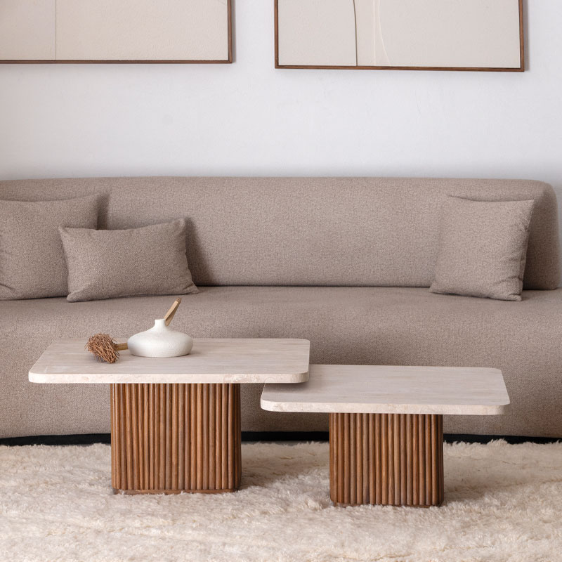 Duo Celya Tables basses Travertin et bois Kasbah Design Marrakech