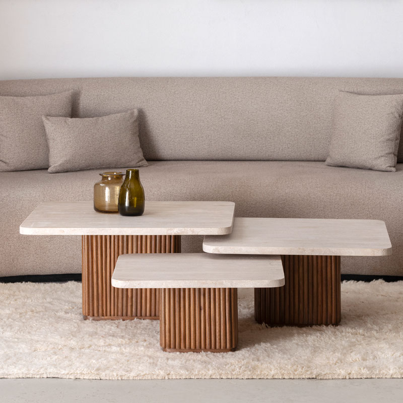 Trio Celya Tables basses Travertin et bois Kasbah Design Marrakech