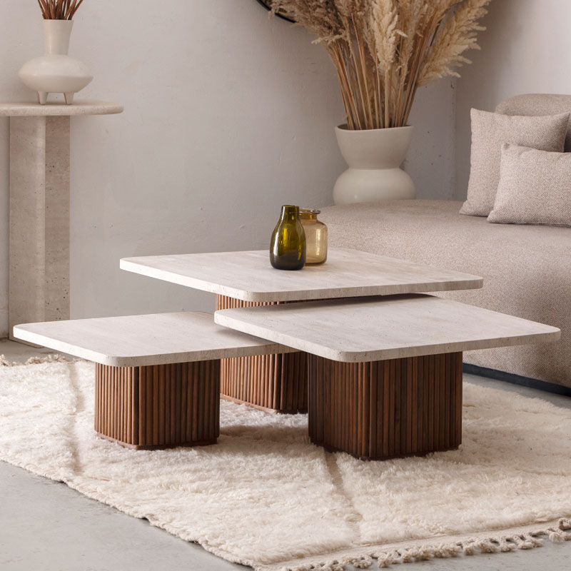 Trio Celya Tables basses Travertin et bois Kasbah Design Marrakech