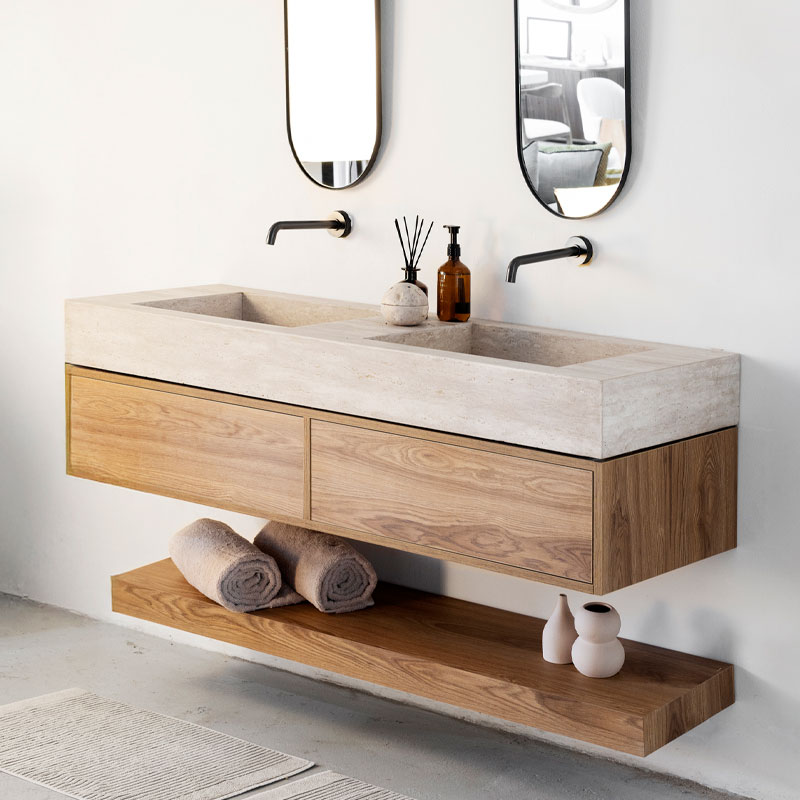 Vasque en travertin et meuble en bois Salle de bain Kasbah Design