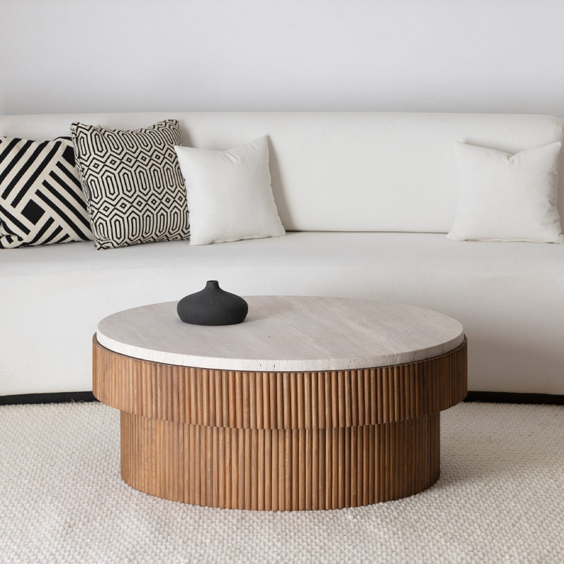 Table basse Astra en bois et travertin - Marrakech Kasbah Design