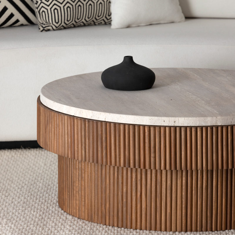 Table basse Astra en bois et travertin - Marrakech Kasbah Design