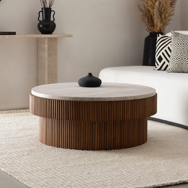 Table basse Astra en bois et travertin - Marrakech Kasbah Design
