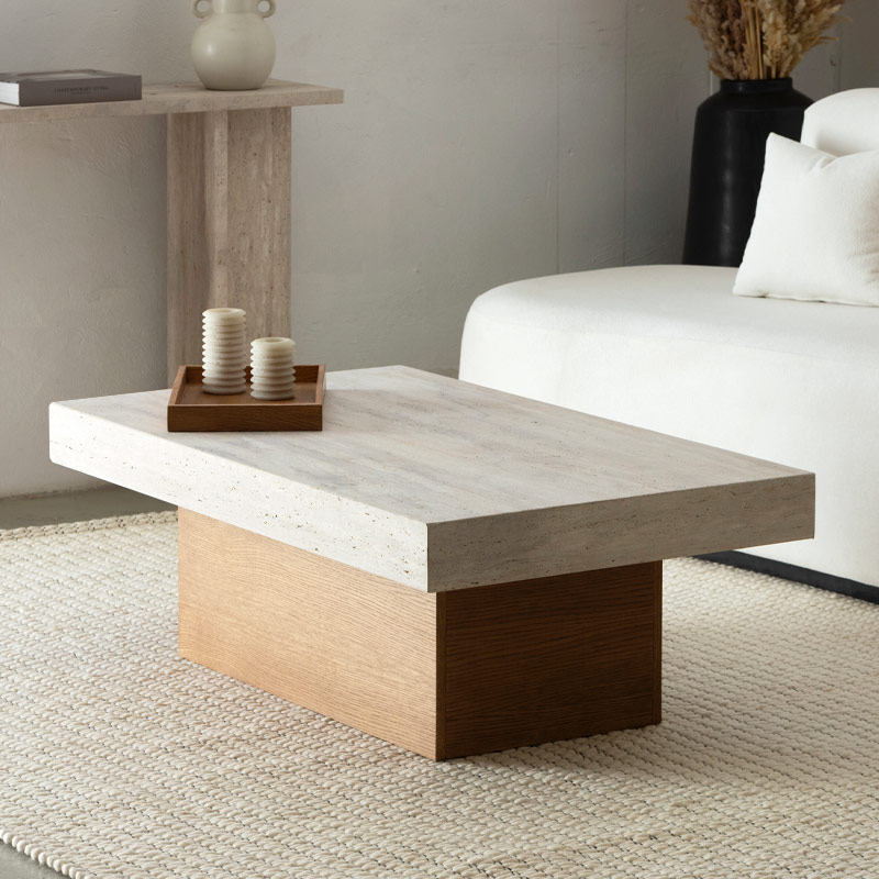 Table basse Esmée en bois et travertin Marrakech Kasbah Design