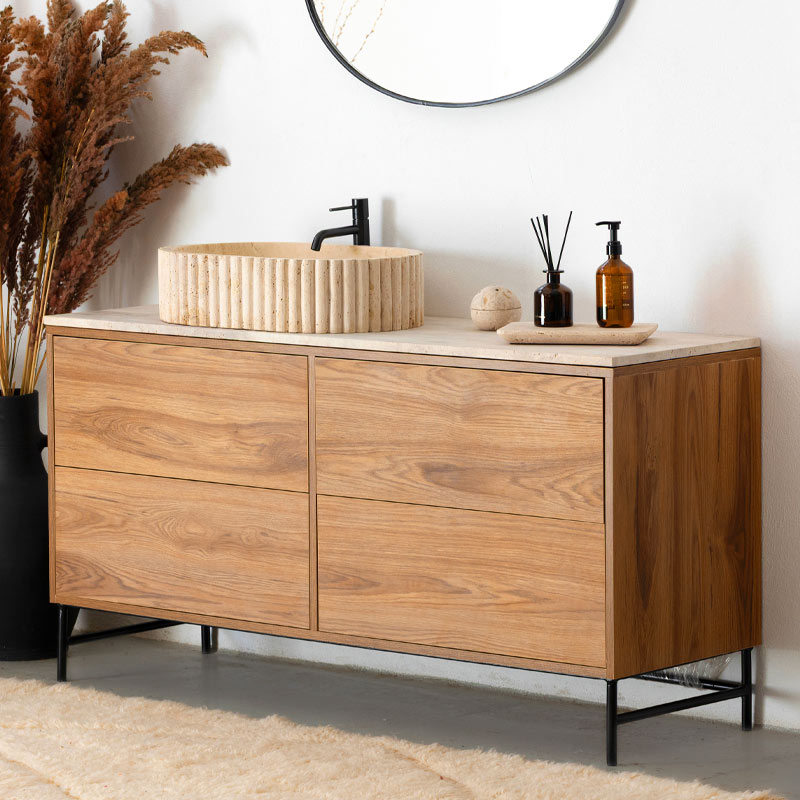 Vasque Novo en travertin et meuble de salle de bain en bois Kasbah Design Marrakech